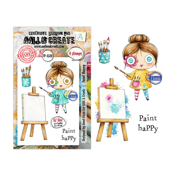 A stamp set packaging and design preview for 'Paint Happy' by artist Janel Klen, featuring a cute cartoon girl painting on an easel, shown with the retail box on a white background.