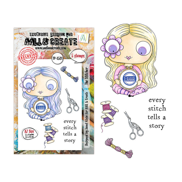 A craft sticker sheet and matching sticker design featuring a chibi-style girl with a large flower in her hair, holding a sewing machine, alongside thread spools, scissors, and text reading 'every stitch tells a story.' The sheet shows branding for 'Mall & Create' and product code TP-1501.