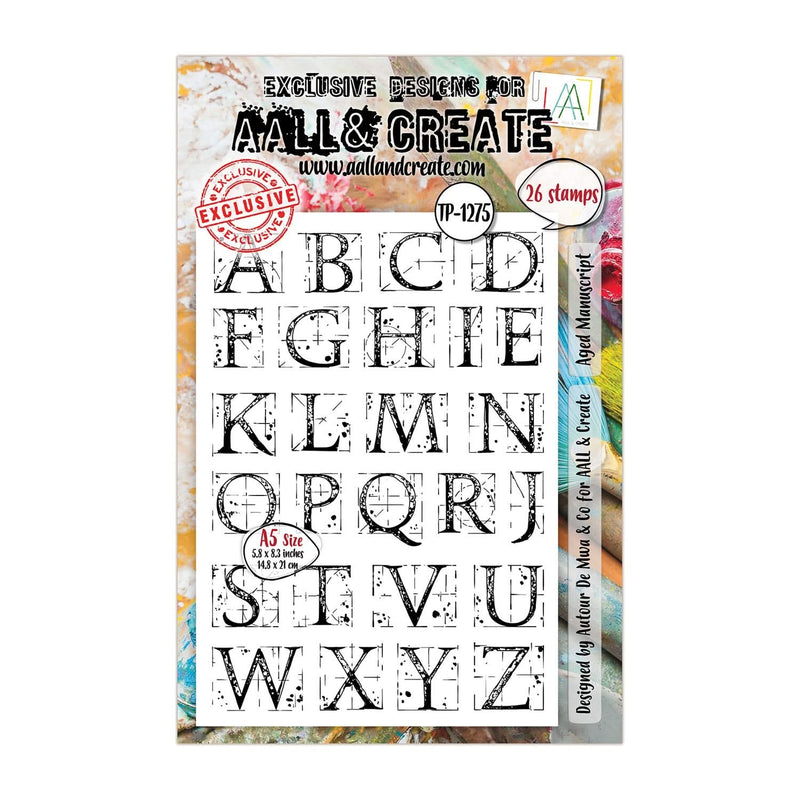 Alphabet stamp set with 'Aall & Create' branding on a colorful background