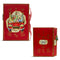 Red decorative box with artistic design and visible brand logo on a white background