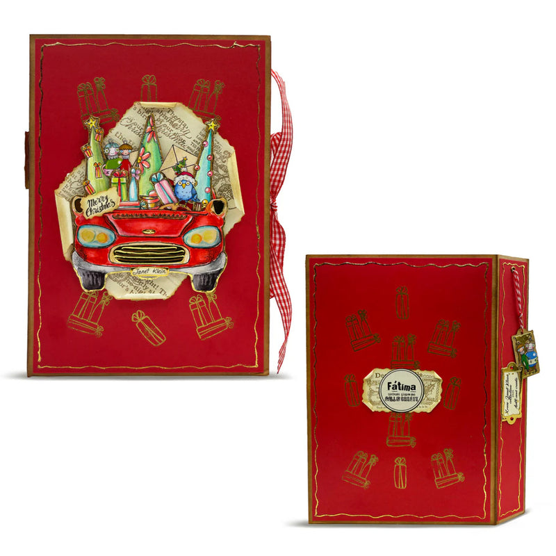 Red decorative box with artistic design and visible brand logo on a white background