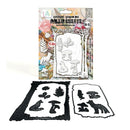 Packaged and unboxed forest-themed metal dies for crafting, shown on a white background. The set includes wolf, mushroom, tree, and pine die shapes, with the retail card visible above the metal cutting plates.