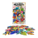 A package of colorful artificial autumn leaves from MALL & CREATE, shown standing upright with a pile of the same multicolored leaf pieces spread in front on a plain white background.