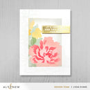 Floral card with pink and yellow flowers and a gold message on a white background