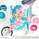 Colorful card with floral design and 'hello friend' text, surrounded by Altenew product packaging.