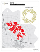 Stamp set with leaf design and positioning guide on a white background