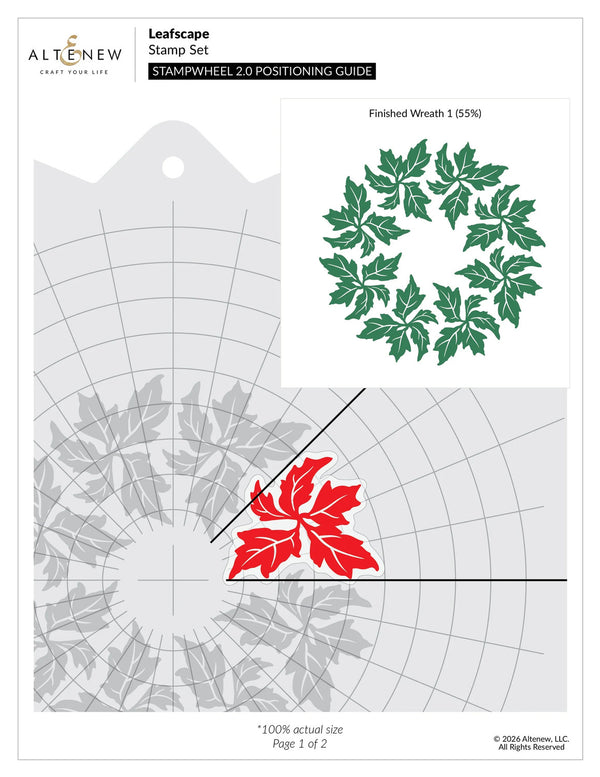Altenew Leascape Stamp Set with stamp wheel and positioning guide on a white background