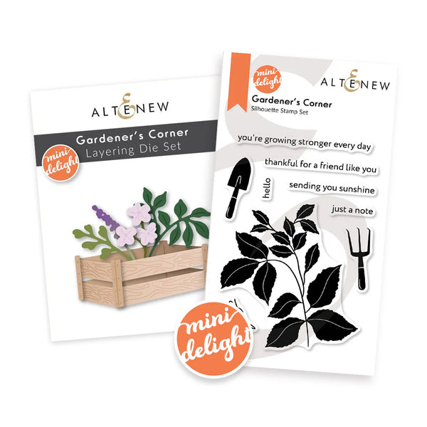 Altenew Gardener's Corner die set and stamp set on a white background