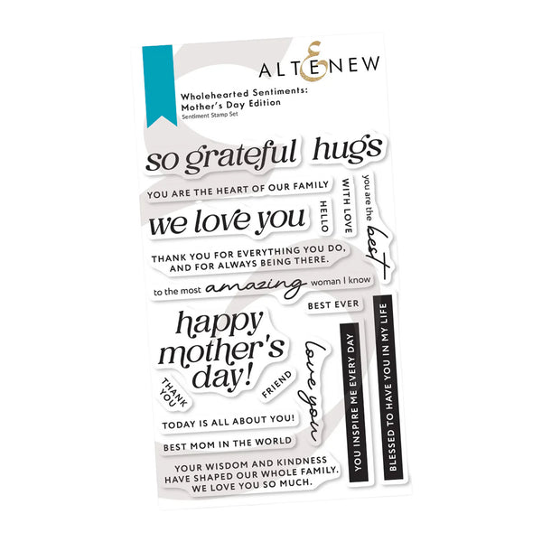 Clear stamp set with various sentiments on a white background, branded 'Alte & New'.
