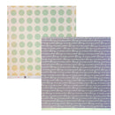 Two sheets of scrapbook paper from the brand Dear Lizzy shown on a white background. The top sheet features a pattern of sage green and gold polka dots on a cream background, while the bottom sheet has a Navy background with white script 'Love you to the stars and back'.
