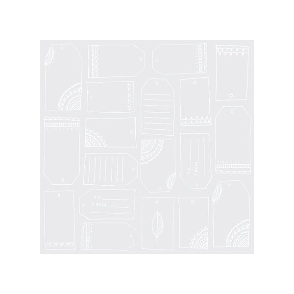 A sheet of transparent paper featuring multiple white line-drawn gift tag templates with various shapes, patterns, and writing fields, shown on a solid white background.
