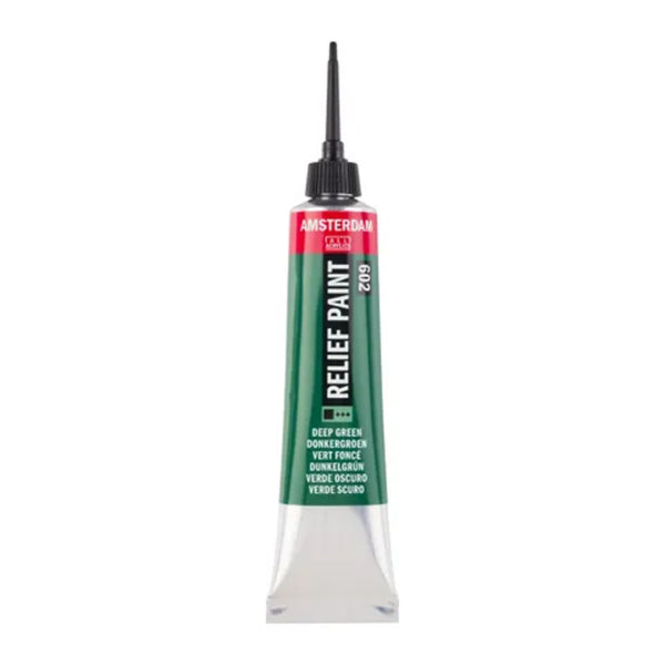 Tube of relief paint with a green label on a white background