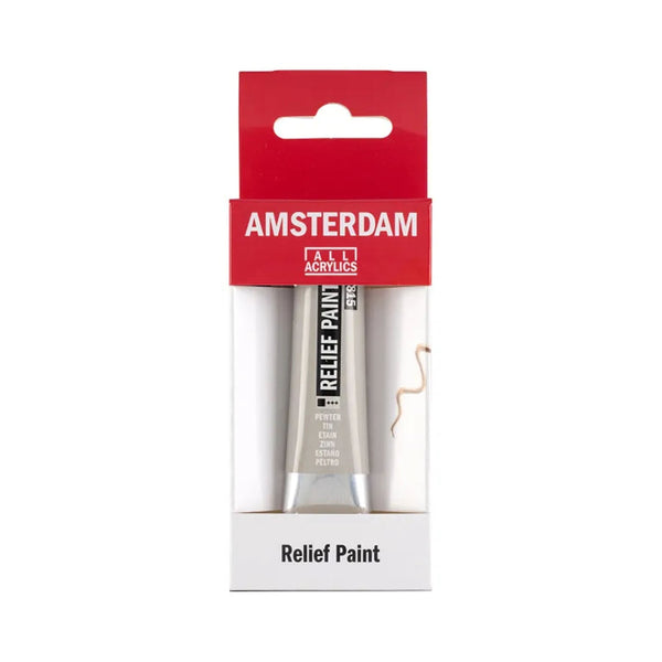 Amsterdam Relief Paint packaging with a tube of paint on a white background