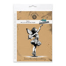 Package of a fairy stamp with 'Dance like nobody's watching' text on a brown background.