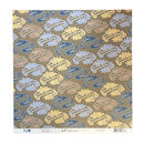 A square sheet of patterned paper with a repeating abstract ribbon-like motif in blue, yellow, beige, and lavender on a taupe background. A white strip along the bottom edge shows printed branding and a barcode.