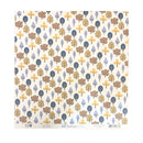 A square sheet of patterned scrapbook paper with a repeating autumn tree design in brown, mustard yellow, and light blue on a cream background, with a white border and branding at the bottom.