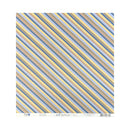 A square sheet of patterned paper with diagonal stripes in light blue, mustard yellow, tan, and gray, shown against a white background with a branded bottom border.
