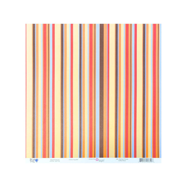 A square sheet of patterned paper with vertical multicolor stripes in yellow, orange, red, blue, brown, and cream, shown against a white background with a light blue bottom border containing product text and a barcode.