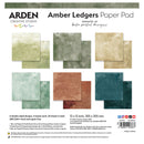 Arden Creative Studio Amber Ledgers Paper Pad cover showing eight textured paper sample squares in beige, cream, rust, and teal tones on a white background with product details and branding.