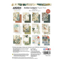Back cover of an Arden Creative Studio Amber Ledgers Paper Pad, showing the product title, a grid of sample paper designs, dimensions, and branding on a white background.