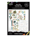 Ardens Studio Rub-On Transfer Set in Amber Ledgers, featuring a black retail card with five sheets of colorful transfer decals, butterflies, botanical illustrations, and script text.