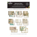 A product information card for the Arden Paper Collection Ephemera Pack Amber Ledgers Bookmakers, showing multiple sample pages of vintage-style book and journal designs in a grid on a white background with a black header.