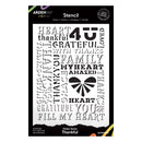 Arden Creative Design 'Thankful' stencils in the Maker Series, featuring a black metal stencil with various typography designs on a white backing sheet.