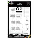 A product shot of a stamp set card from Arden Studio, featuring 'Clear Gratitude Essentials' with various printed words, phrases, and checkboxes on a black and white card.