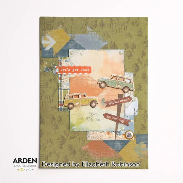 A square mixed-media collage card or art print featuring vintage station wagons, directional signs, and abstract geometric shapes on an olive green textured background. The design includes text such as 'let's get lost', 'colour ahead', and 'go this way', with 'Designed by Elizabeth Robinson' and the ARDEN Creative Studio logo visible at the bottom.