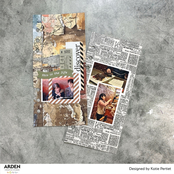 Two scrapbook paper sheets with vintage-style collage designs, displayed on a textured gray background. The left sheet features a map, ticket stubs, and a striped banner reading 'discover', while the right sheet is styled like a newspaper with photos of children reading and writing.