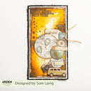 A rectangular handmade paper art piece with a vintage travel theme, featuring a distressed orange and brown background, a map overlay, a compass, a small vintage car, and decorative tags. The piece is photographed on a white background with a brand watermark at the bottom left.