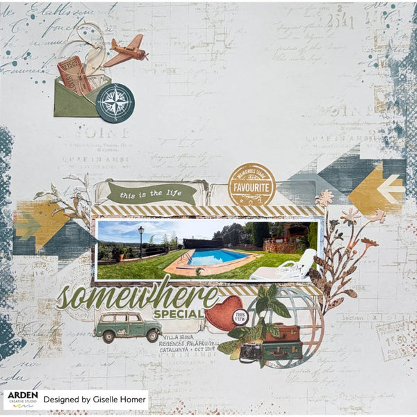 A scrapbook or collage-style design sheet with vintage travel elements, including an airplane, compass, suitcase, car, flowers, and a central photo frame showing a poolside scene. Text reads 'somewhere SPECIAL' and 'this is the life' and 'FAVOURITE'.