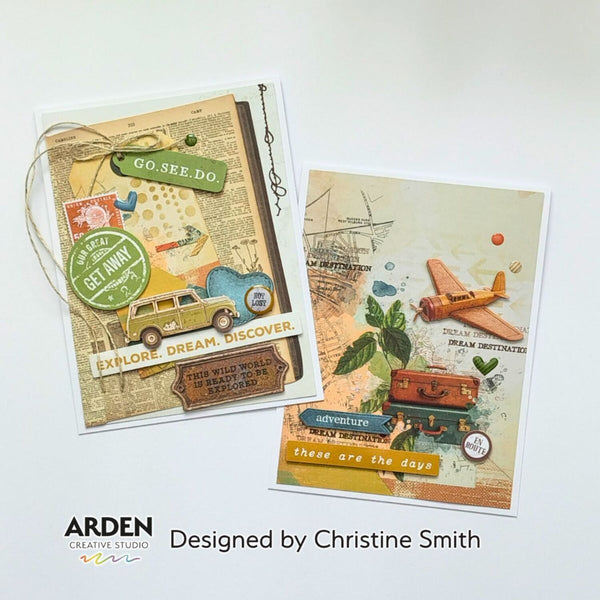 Two handmade greeting cards displayed on a white background, with text below reading 'ARDEN CREATIVE STUDIO' and 'Designed by Christine Smith'. The left card has vintage travel-themed embellishments including a car, globe, and stamps.