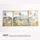 Three decorative envelopes with floral and travel-themed designs, featuring the brand 'Arden Creative Studio' and designer 'Elizabeth Robinson'.