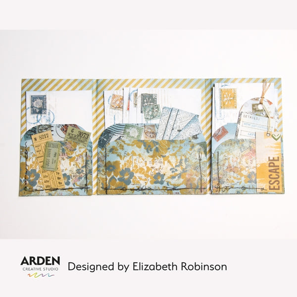 Three decorative envelopes with floral and travel-themed designs, featuring the brand 'Arden Creative Studio' and designer 'Elizabeth Robinson'.