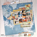 A scrapbook layout sheet from Arden Studio featuring a blue vintage world map background with layered collage elements, photos of people, travel-themed stickers, and the text 'somewhere special' and 'GOING places'.