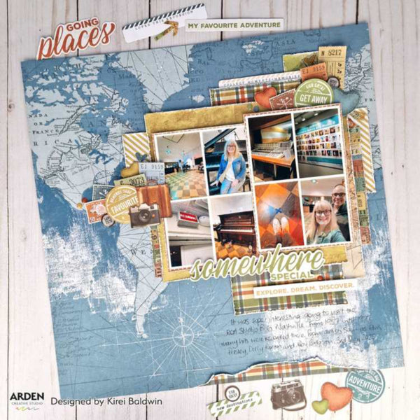 A scrapbook layout sheet from Arden Studio featuring a blue vintage world map background with layered collage elements, photos of people, travel-themed stickers, and the text 'somewhere special' and 'GOING places'.