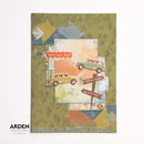 A square mixed-media collage card or art print featuring vintage station wagons, directional signs, and abstract geometric shapes on an olive green textured background. The design includes text such as 'let's get lost', 'colour ahead', and 'go this way', with 'Designed by Elizabeth Robinson' and the ARDEN Creative Studio logo visible at the bottom.