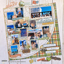 A scrapbook layout or photo collage displayed on a light wood background. The design features multiple travel photographs, decorative stickers, handwritten labels, and a green plaid border.