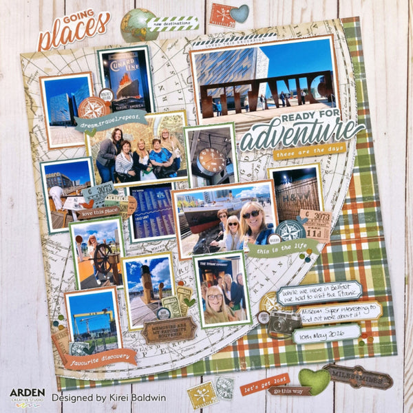 A scrapbook layout or photo collage displayed on a light wood background. The design features multiple travel photographs, decorative stickers, handwritten labels, and a green plaid border.