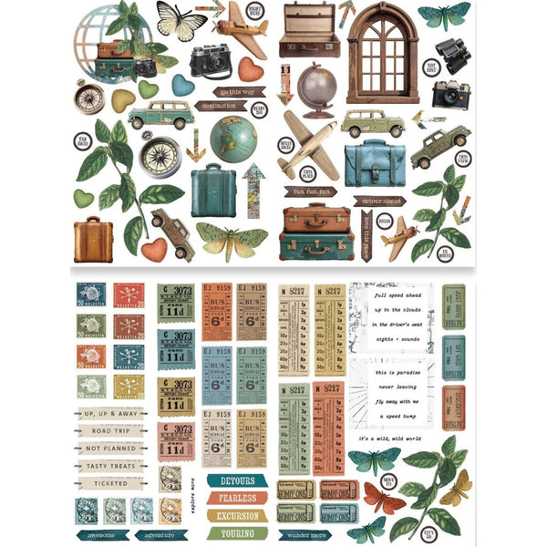 Collection of travel-themed decorative stickers on a white background