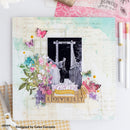 Scrapbooking layout with floral elements, text, and a photo of a couple under a bridge.