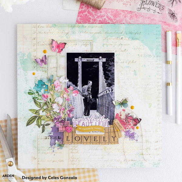 Scrapbooking layout with floral elements, text, and a photo of a couple under a bridge.
