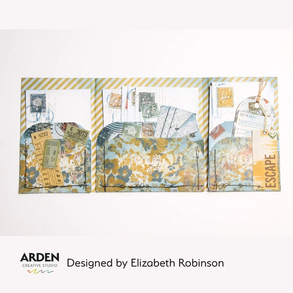 A three-panel collage-style paper craft kit or scrapbook layout with vintage postage stamps, postmarks, floral patterns, and text elements including 'ESCAPE' and 'ARDEN CREATIVE STUDIO.' It is shown on a white background with text below reading 'Designed by Elizabeth Robinson.