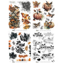 Four decorative paper sheets featuring autumn and spooky designs, including pumpkins, butterflies, leaves, spiderwebs, text phrases like 'Sweet Spooky' and 'Fright Night,' plus color chips and black ink splatter elements on a white background.