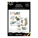 Arden Creations Studio Rub-On Transfer Set in retail packaging, featuring two sheets of multicolor map and travel-themed decals on a black and white backing card.