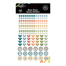 A sheet of Arden Decorative Epoxy Stickers featuring 158 assorted stickers in a gradient of teal, orange, gold, and olive green, with various text labels and decorative shapes on a white background.