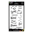 Arden Clear Stamp Set in 'Wicked Woods Bunny' featuring black and white Halloween-themed stamp designs including pumpkins, bats, and spooky text on a white sheet.