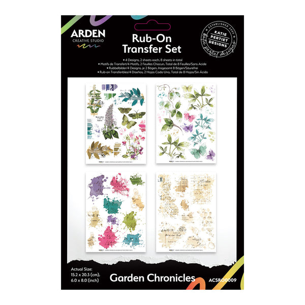 Rub-On Transfer Set packaging with floral and nature-themed designs on a white background