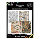 Arden Creative Studio Wicked Woods Decoupage Paper pack, featuring three distinct patterned sheets: a black and white sketchbook paper, a vintage newspaper collage sheet, and two woodland-themed sheets with butterflies and mushrooms. The packaging is black with white and yellow text.